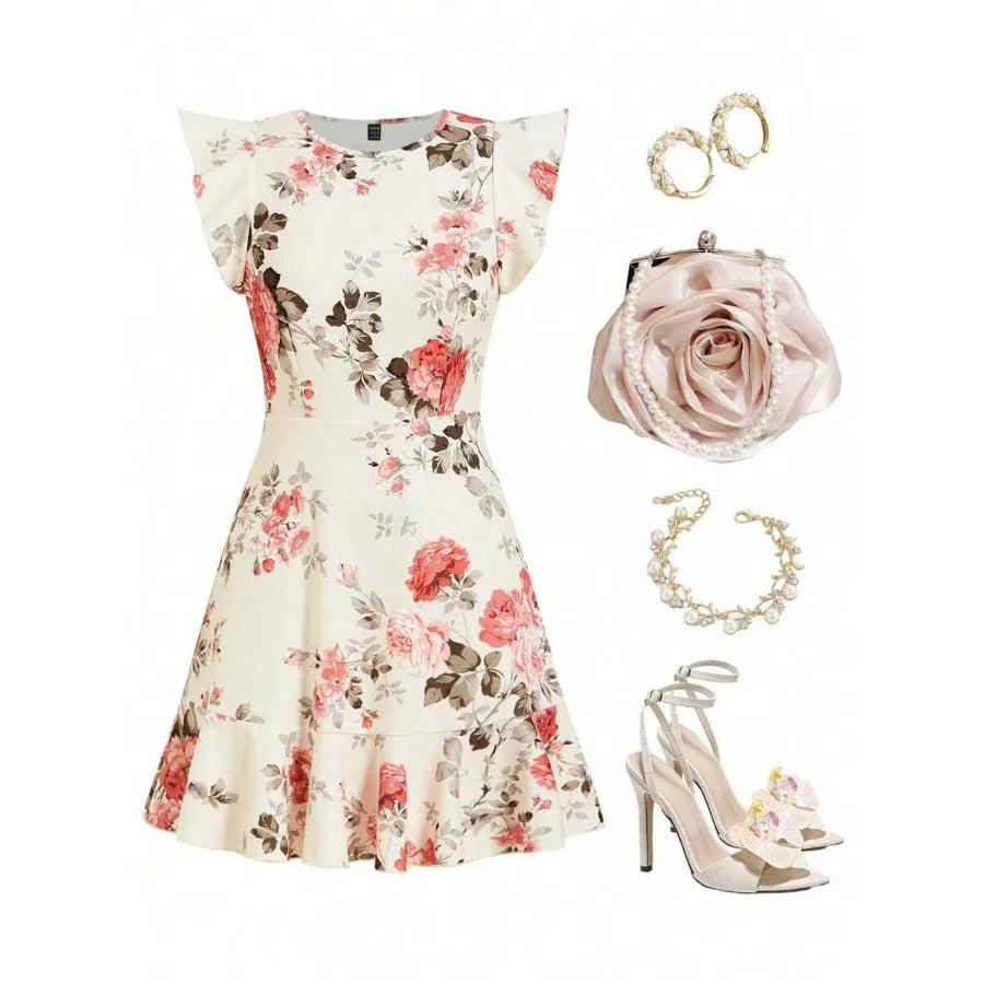 【New style】Plus Size Women Elegant Floral Print Peplum Hem Cap Sleeve Fitted Dress, Wedding Guest Dress Women, Summer Dresses F