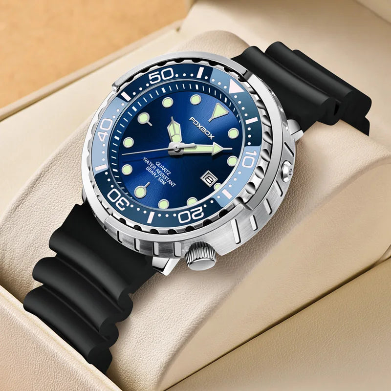 FOXBOX Mens Watches 5ATM Sports Waterproof Quartz Wristwatch Luminous Clock with Steel Bezel Watch for Men Male Clock+Watch Box