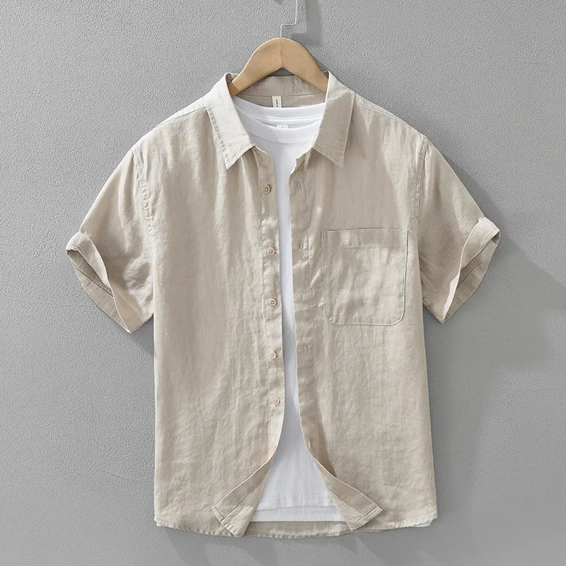 100% Linen Short Sleeve Shirt for Men Breathable Summer Casual Top Minimalist Loose Fit Button-Up Shirt Natural Wrinkle Texture