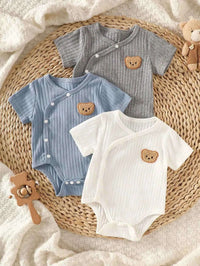threePiece Summer Newborn Baby Boy Set White, Blue, Gray Short-Sleeve Cardigan Rompers with Bear Embroidery Comfortable Fabric