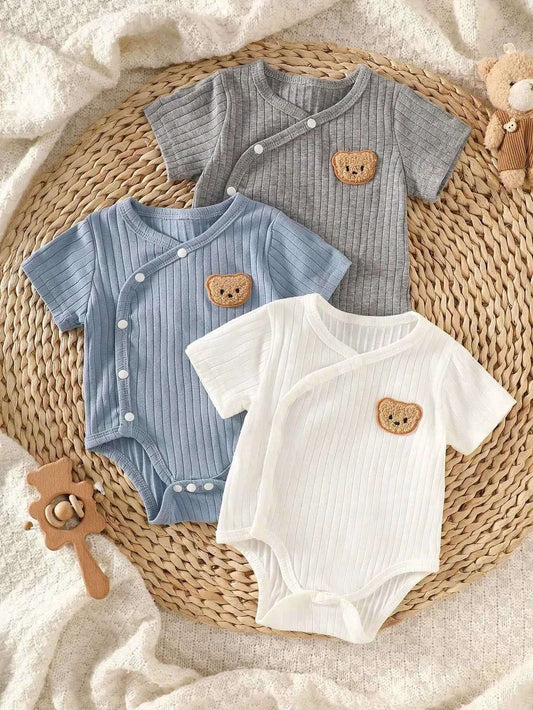 threePiece Summer Newborn Baby Boy Set White, Blue, Gray Short-Sleeve Cardigan Rompers with Bear Embroidery Comfortable Fabric