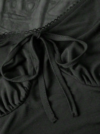 Black Vintage-Inspired Midi Dress With Sheer Mesh Cap Sleeves And Cinched Waist For Summer Beach Or Tea Party Events