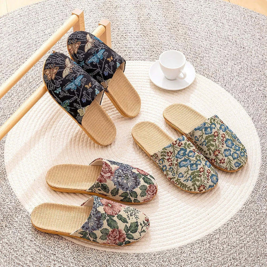 Summer New Fabric Linen Home Shoes For Women Indoor Breathable Soft Sole Comfortable Floor Sandals