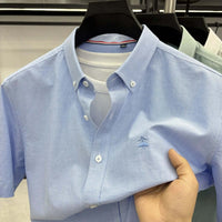 Summer Short Sleeve Shirt Men's Slim Fit Half Sleeve Non-ironing Oxford Spinning Gray-Blue Plaid Business Casual Shirt