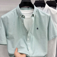 Summer Short Sleeve Shirt Men's Slim Fit Half Sleeve Non-ironing Oxford Spinning Gray-Blue Plaid Business Casual Shirt