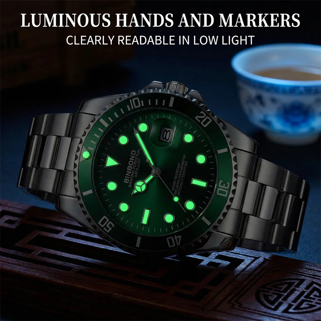 1pcs Men Watch Green Dial Stainless Steel Strap Date Window Casual Sports Style Trendy Daily Wristwatch Stylish Comforta