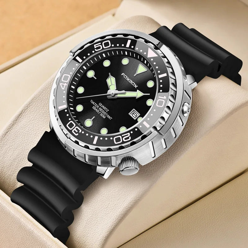 FOXBOX Mens Watches 5ATM Sports Waterproof Quartz Wristwatch Luminous Clock with Steel Bezel Watch for Men Male Clock+Watch Box