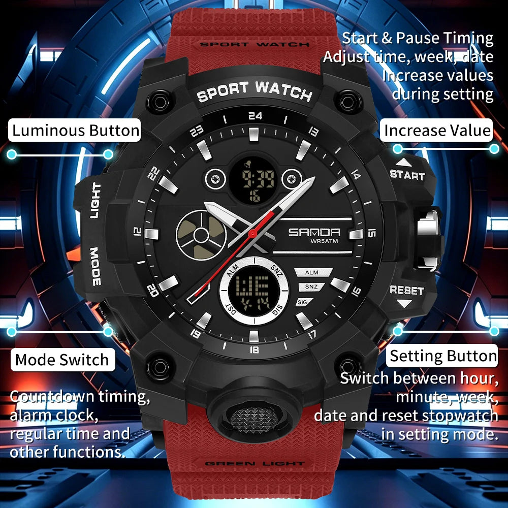 SANDA Men's Outdoor Military Watch 50M Waterproof Digital Wristwatch Stopwatch Alarm LED Light Sport Wristwatch
