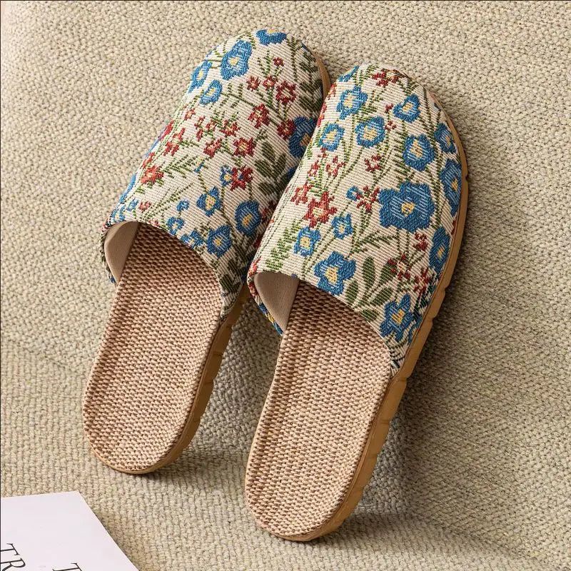 Summer New Fabric Linen Home Shoes For Women Indoor Breathable Soft Sole Comfortable Floor Sandals