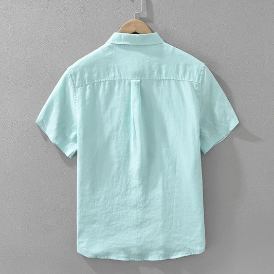 100% Linen Short Sleeve Shirt for Men Breathable Summer Casual Top Minimalist Loose Fit Button-Up Shirt  Natural Wrinkle Texture
