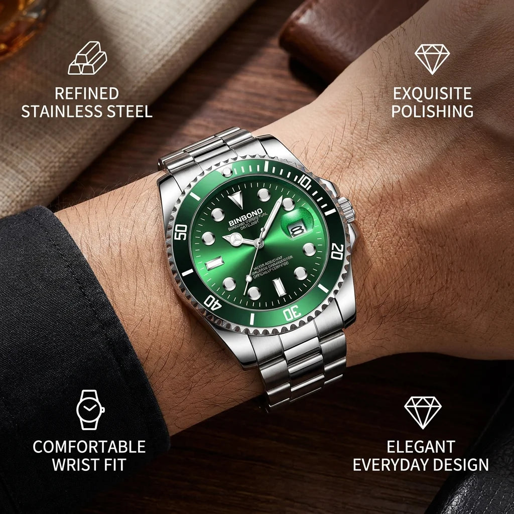 1pcs Men Watch Green Dial Stainless Steel Strap Date Window Casual Sports Style Trendy Daily Wristwatch Stylish Comforta