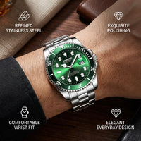 1pcs Men Watch Green Dial Stainless Steel Strap Date Window Casual Sports Style Trendy Daily Wristwatch Stylish Comforta
