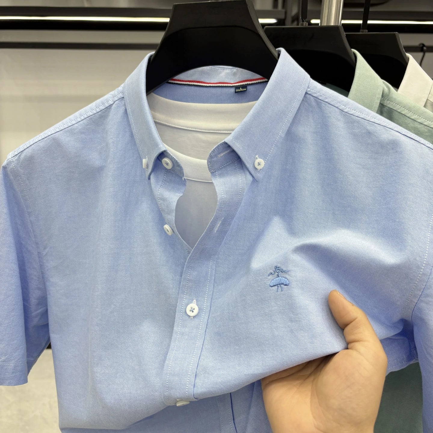 Summer Short Sleeve Shirt Men's Slim Fit Half Sleeve Non-ironing Oxford Spinning Gray-Blue Plaid Business Casual Shirt
