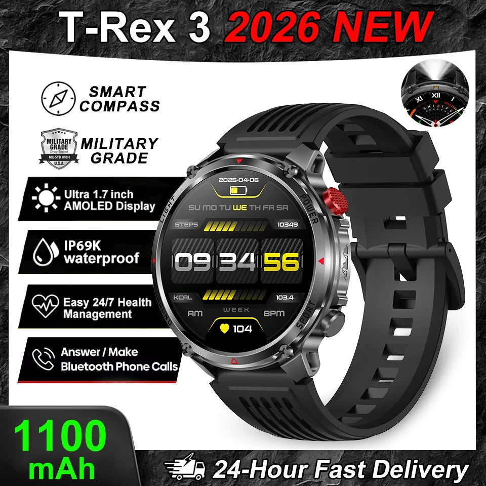 2026 New T-Rex3 Pro GPS Tracker 1100mAh Smartwatch Men 120-Day Standby Clock Rugged Outdoor Sport 10ATM Waterproof Call Watches