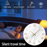 1pc 12 inch tempered glass wall clock, modern simple white marble texture gold Roman numerals design wall clock, home mute clock