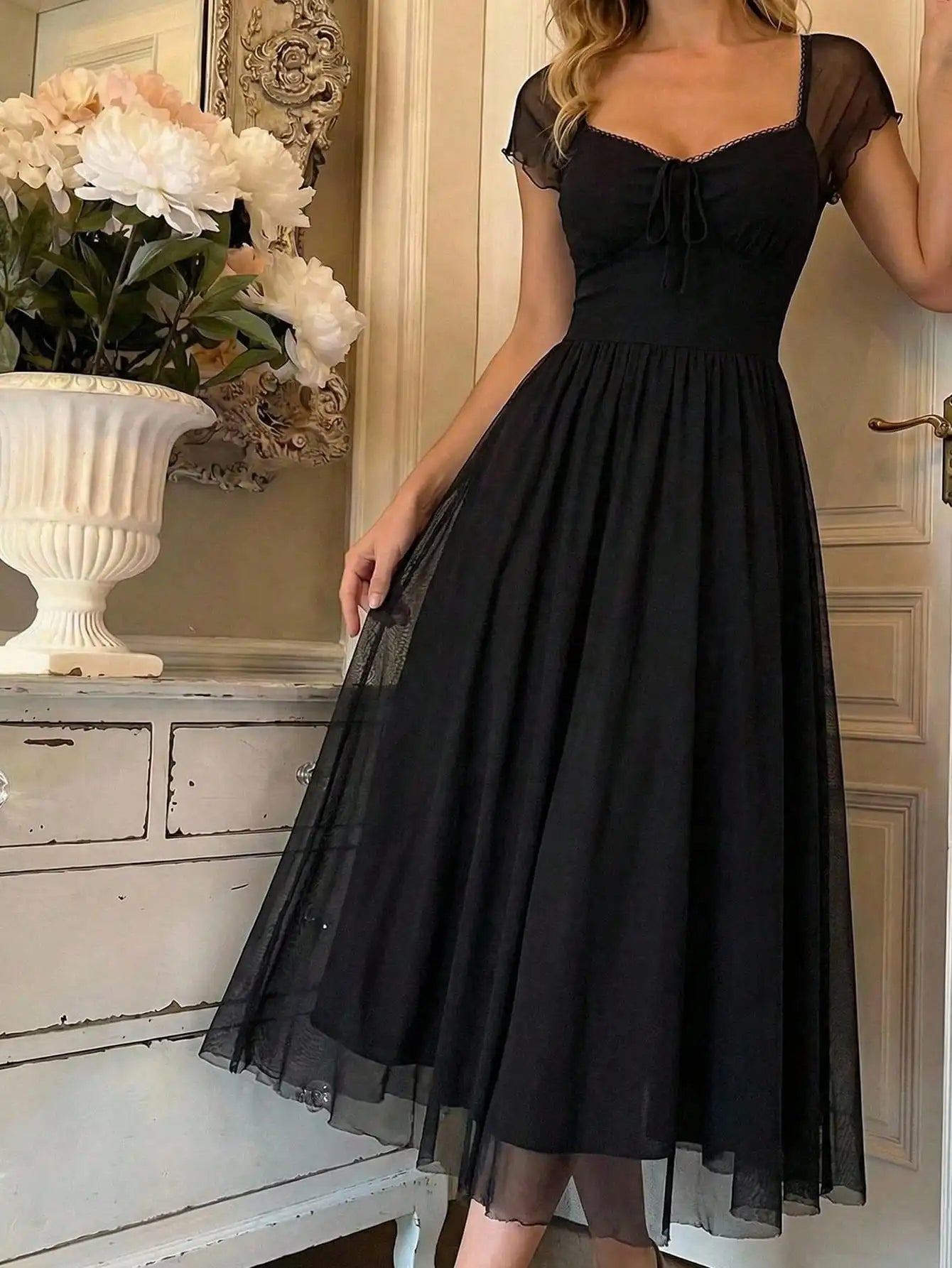 Black Vintage-Inspired Midi Dress With Sheer Mesh Cap Sleeves And Cinched Waist For Summer Beach Or Tea Party Events