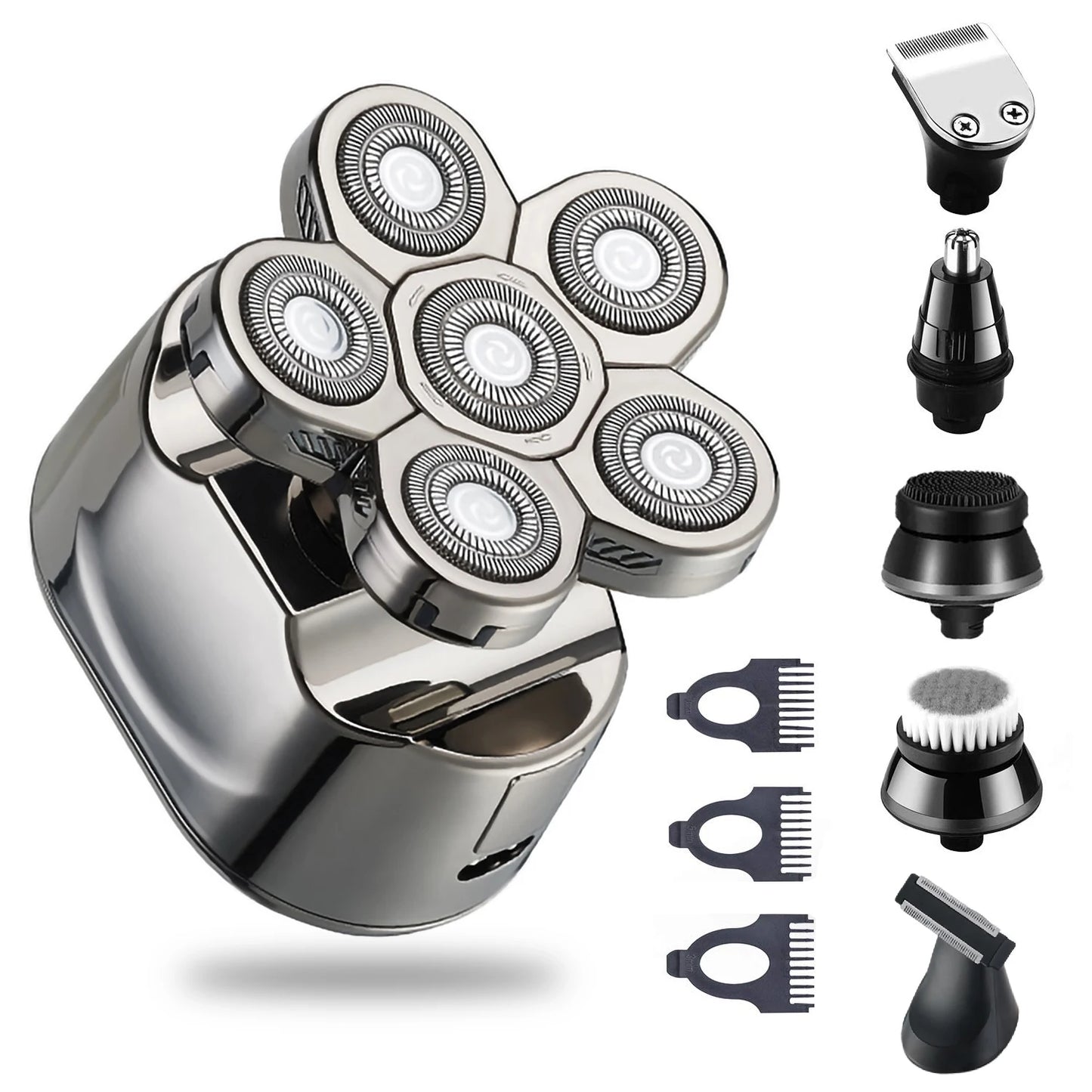 6-In-1 Electric Head Shaver for Bald Men 7 Blades Floating Razor Hair Trimmer USB Rechargeable LED Display Beard Shavers