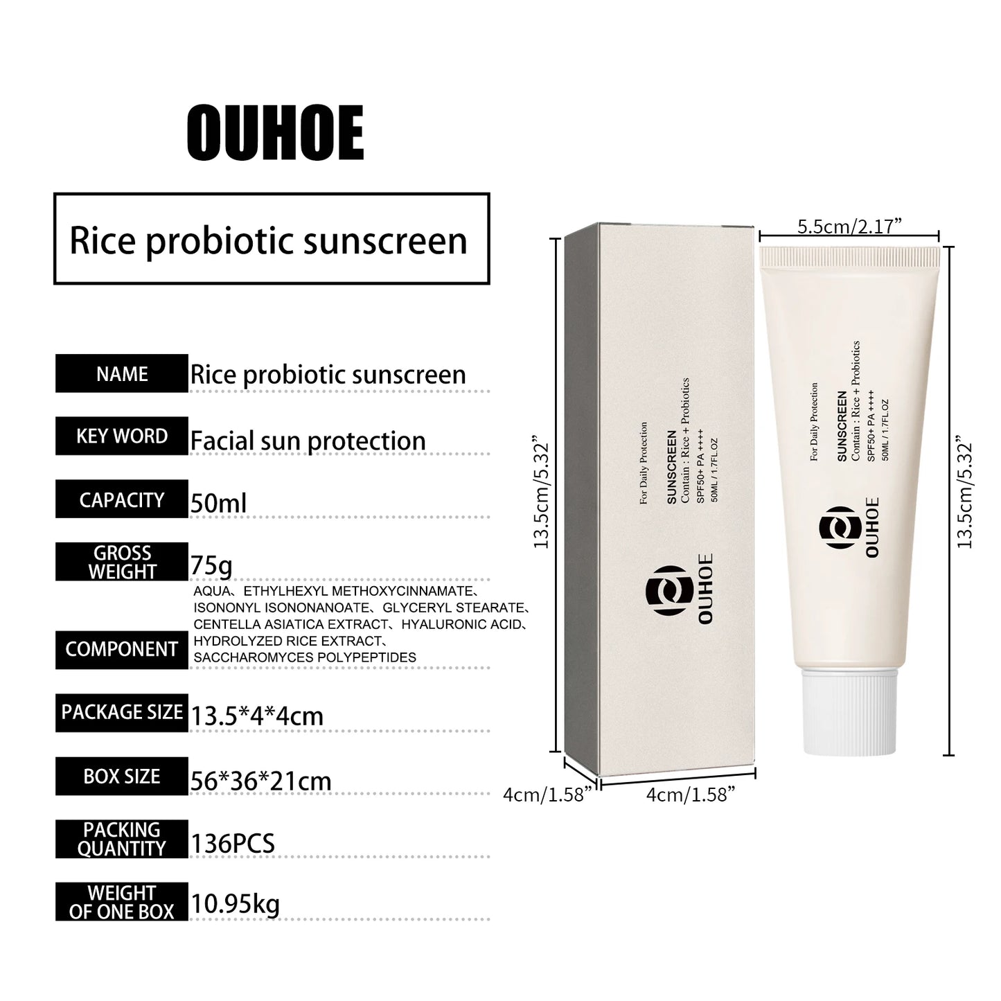 50ML Spf 50 Rice Sunscreen Cream Outdoor UV Protection Moisturizing Soothing Redness Sweatproof Prevent Sunburn Sunblock Lotion