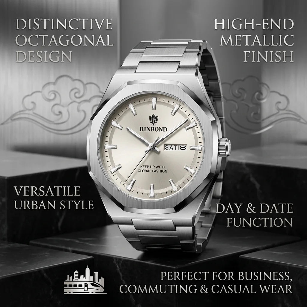 1 piece Men's Silver Metal Strap Watch Octagonal Case Date Week Display Casual Business Fashion Wristwatch For Daily Wea