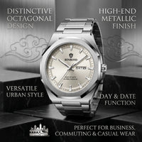 1 piece Men's Silver Metal Strap Watch Octagonal Case Date Week Display Casual Business Fashion Wristwatch For Daily Wea