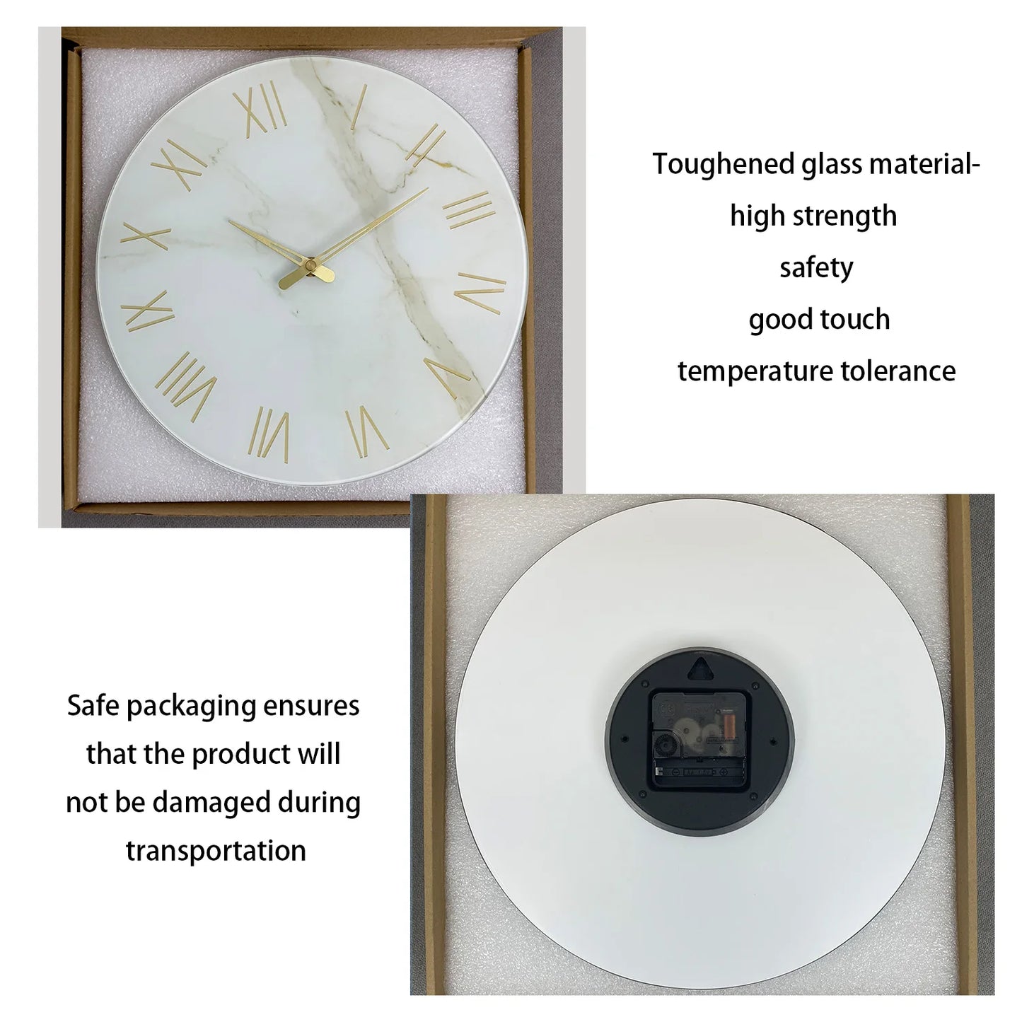 1pc 12 inch tempered glass wall clock, modern simple white marble texture gold Roman numerals design wall clock, home mute clock