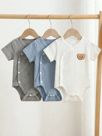threePiece Summer Newborn Baby Boy Set White, Blue, Gray Short-Sleeve Cardigan Rompers with Bear Embroidery Comfortable Fabric