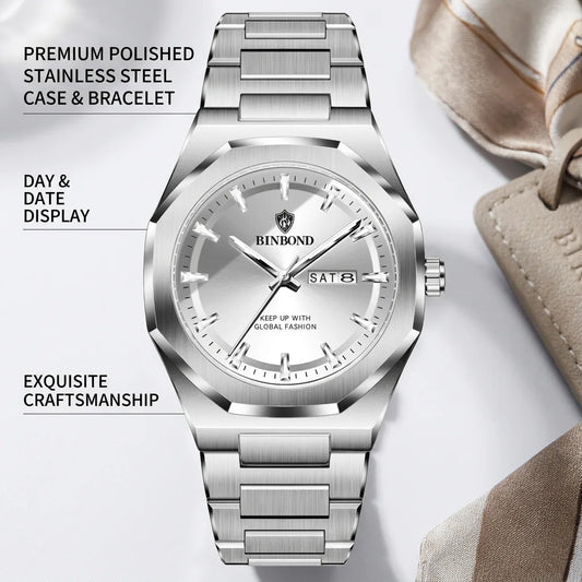 1 piece Men's Silver Metal Strap Watch Octagonal Case Date Week Display Casual Business Fashion Wristwatch For Daily Wea