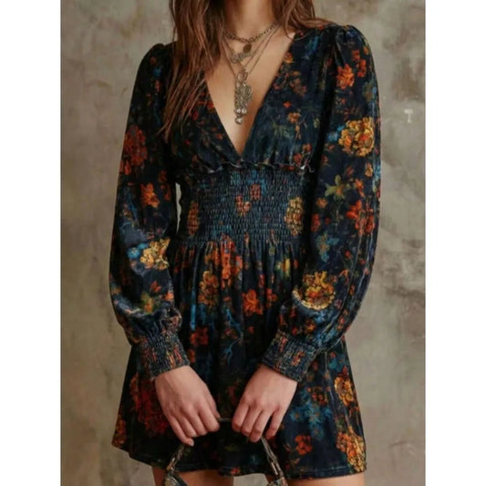 【New style】Womens Boho Vintage Floral A Line Short Dress Deep V Neck Long Bishop Sleeve Casual Party Dress With Shirred Details