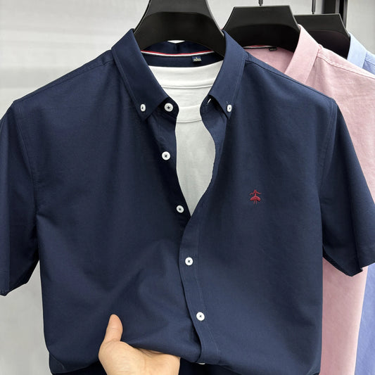 Summer Short Sleeve Shirt Men's Slim Fit Half Sleeve Non-ironing Oxford Spinning Gray-Blue Plaid Business Casual Shirt