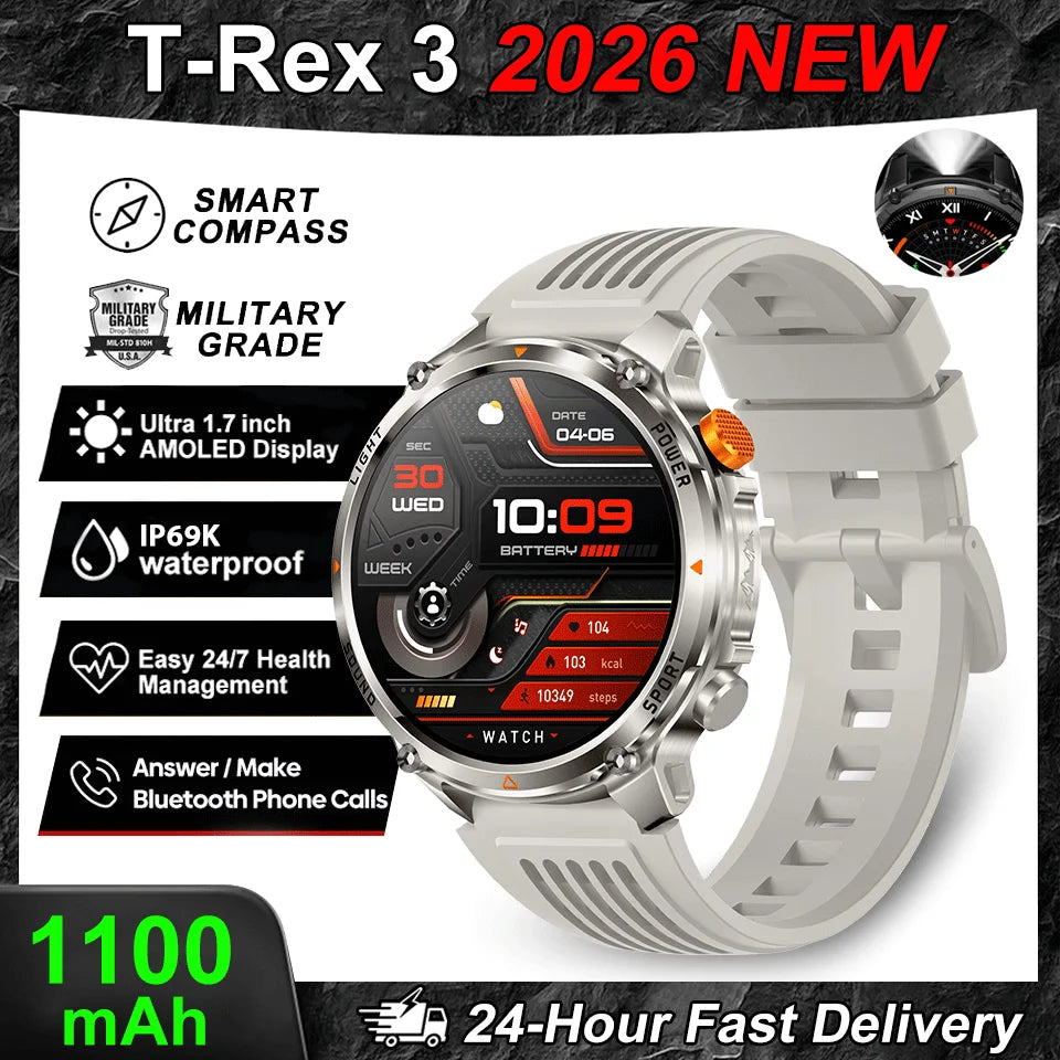 2026 New T-Rex3 Pro GPS Tracker 1100mAh Smartwatch Men 120-Day Standby Clock Rugged Outdoor Sport 10ATM Waterproof Call Watches