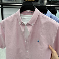 Summer Short Sleeve Shirt Men's Slim Fit Half Sleeve Non-ironing Oxford Spinning Gray-Blue Plaid Business Casual Shirt