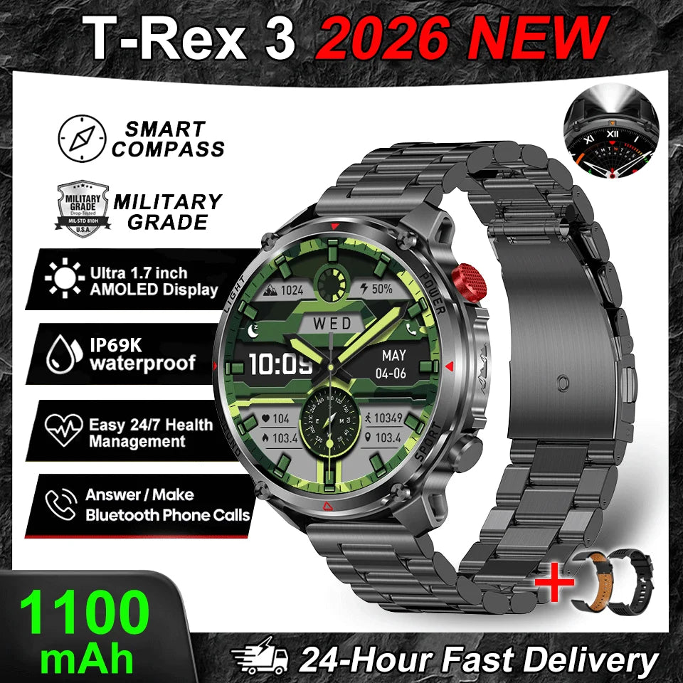 2026 New T-Rex3 Pro GPS Tracker 1100mAh Smartwatch Men 120-Day Standby Clock Rugged Outdoor Sport 10ATM Waterproof Call Watches