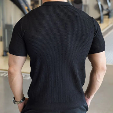 Men's Knitted Business Polo Shirt Summer Ice Silk Breathable Elastic Slim Fit Solid Color Lapel Short Sleeve Knitted T-Shirt Top