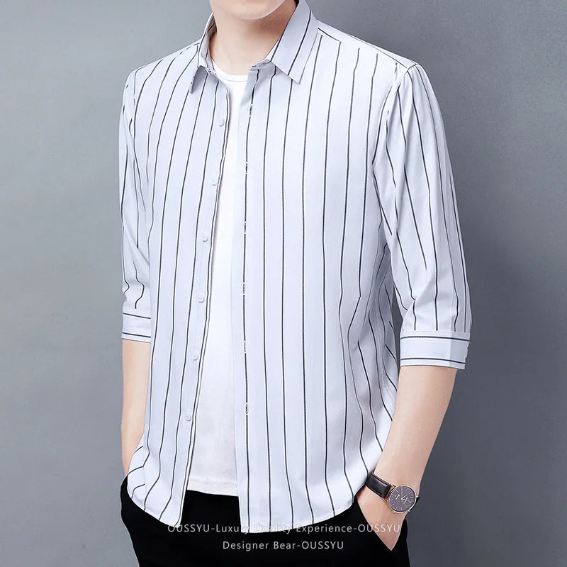 2026 Men's Striped Shirt Korean Style Slim Fit Seven Quarter Sleeve Top for Spring Summer Casual Wear Fashionable Youth Trendy