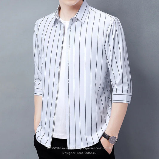 2026 Men's Striped Shirt Korean Style Slim Fit Seven Quarter Sleeve Top for Spring Summer Casual Wear Fashionable Youth Trendy