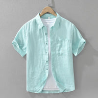 100% Linen Short Sleeve Shirt for Men Breathable Summer Casual Top Minimalist Loose Fit Button-Up Shirt  Natural Wrinkle Texture