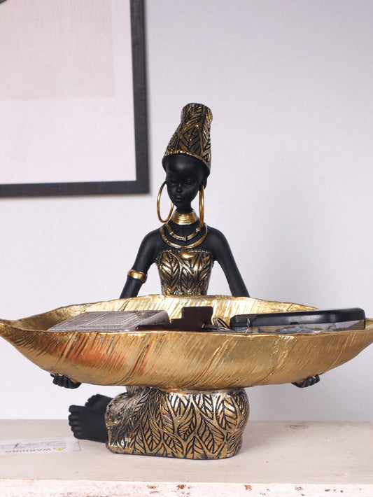 African Girl Holding a Plate Sculpture, Home and Office Decorative Storage Ornament, Vintage Collectible Craft Deskt Decor