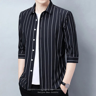 2026 Men's Striped Shirt Korean Style Slim Fit Seven Quarter Sleeve Top for Spring Summer Casual Wear Fashionable Youth Trendy