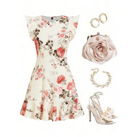 【New style】Plus Size Women Elegant Floral Print Peplum Hem Cap Sleeve Fitted Dress, Wedding Guest Dress Women, Summer Dresses F