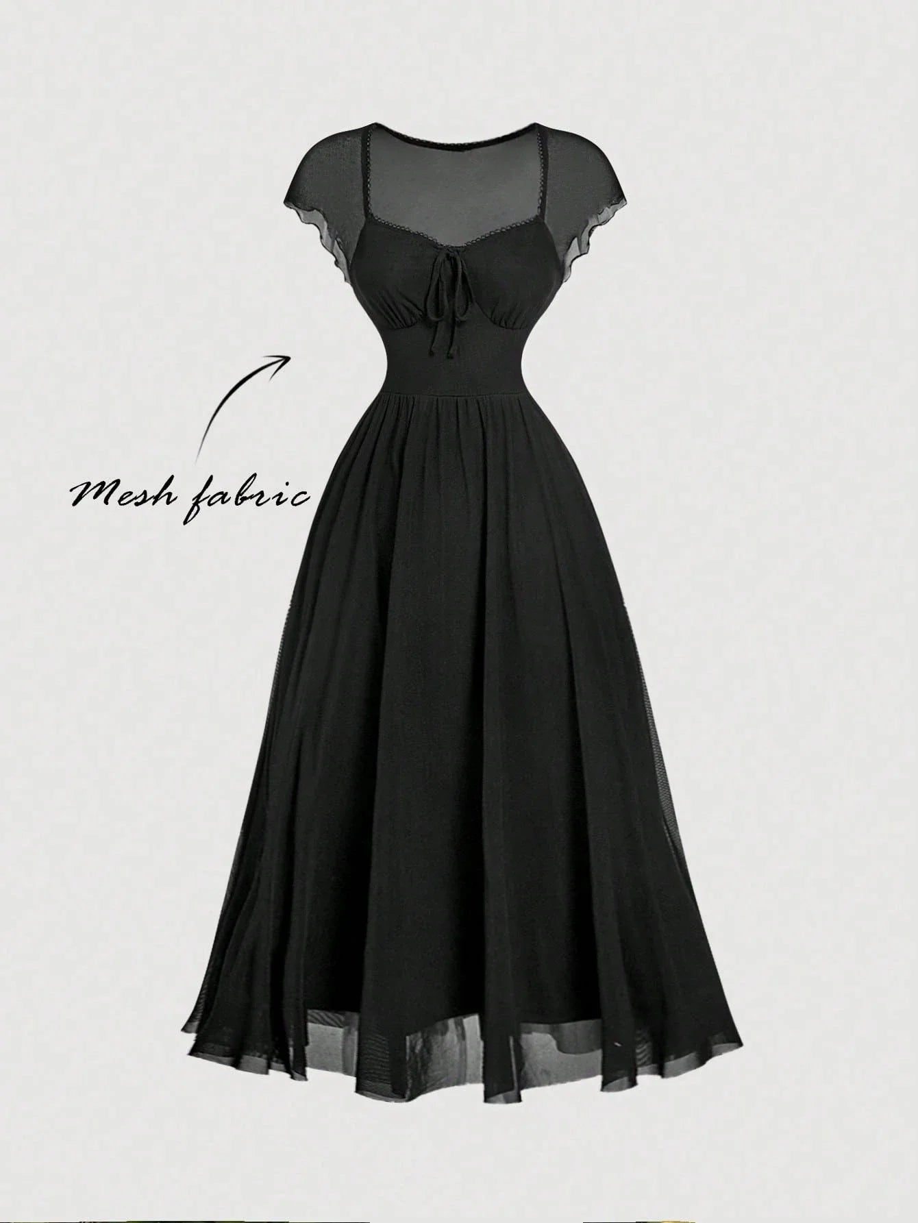 Black Vintage-Inspired Midi Dress With Sheer Mesh Cap Sleeves And Cinched Waist For Summer Beach Or Tea Party Events