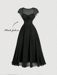 Black Vintage-Inspired Midi Dress With Sheer Mesh Cap Sleeves And Cinched Waist For Summer Beach Or Tea Party Events