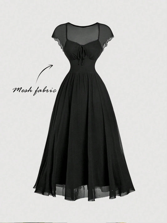 Black Vintage-Inspired Midi Dress With Sheer Mesh Cap Sleeves And Cinched Waist For Summer Beach Or Tea Party Events