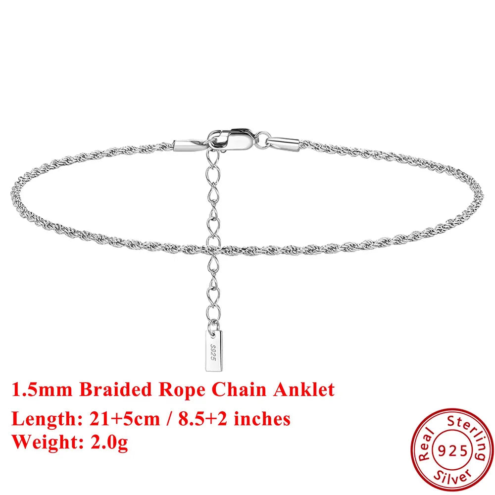 EFFIE QUEEN 925 Pure Silver 14k Gold 1.5mm Braided Rope Chain Anklet Simple Jewelry for Women Summer Beach Banquet Party SA34
