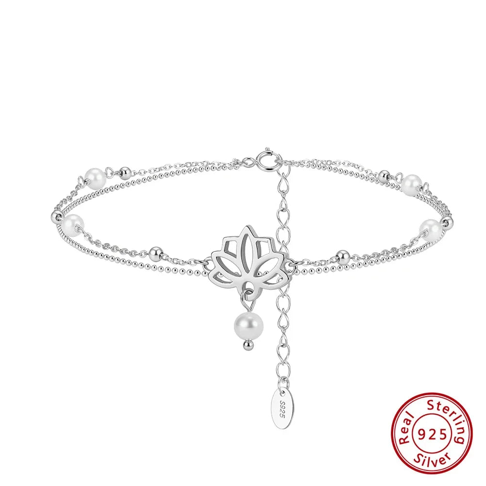 ORSA JEWELS Vintage 925 Sterling Silver Layered Anklet Chain with Tree of Life Freshwater Pearls Summer Daily Jewelry Gift SA100