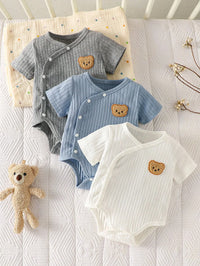 threePiece Summer Newborn Baby Boy Set White, Blue, Gray Short-Sleeve Cardigan Rompers with Bear Embroidery Comfortable Fabric