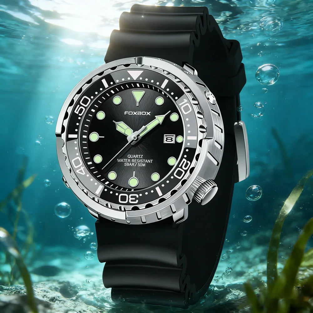 FOXBOX Mens Watches 5ATM Sports Waterproof Quartz Wristwatch Luminous Clock with Steel Bezel Watch for Men Male Clock+Watch Box