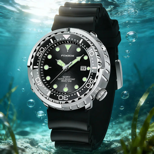 FOXBOX Mens Watches 5ATM Sports Waterproof Quartz Wristwatch Luminous Clock with Steel Bezel Watch for Men Male Clock+Watch Box