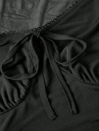 Black Vintage-Inspired Midi Dress With Sheer Mesh Cap Sleeves And Cinched Waist For Summer Beach Or Tea Party Events