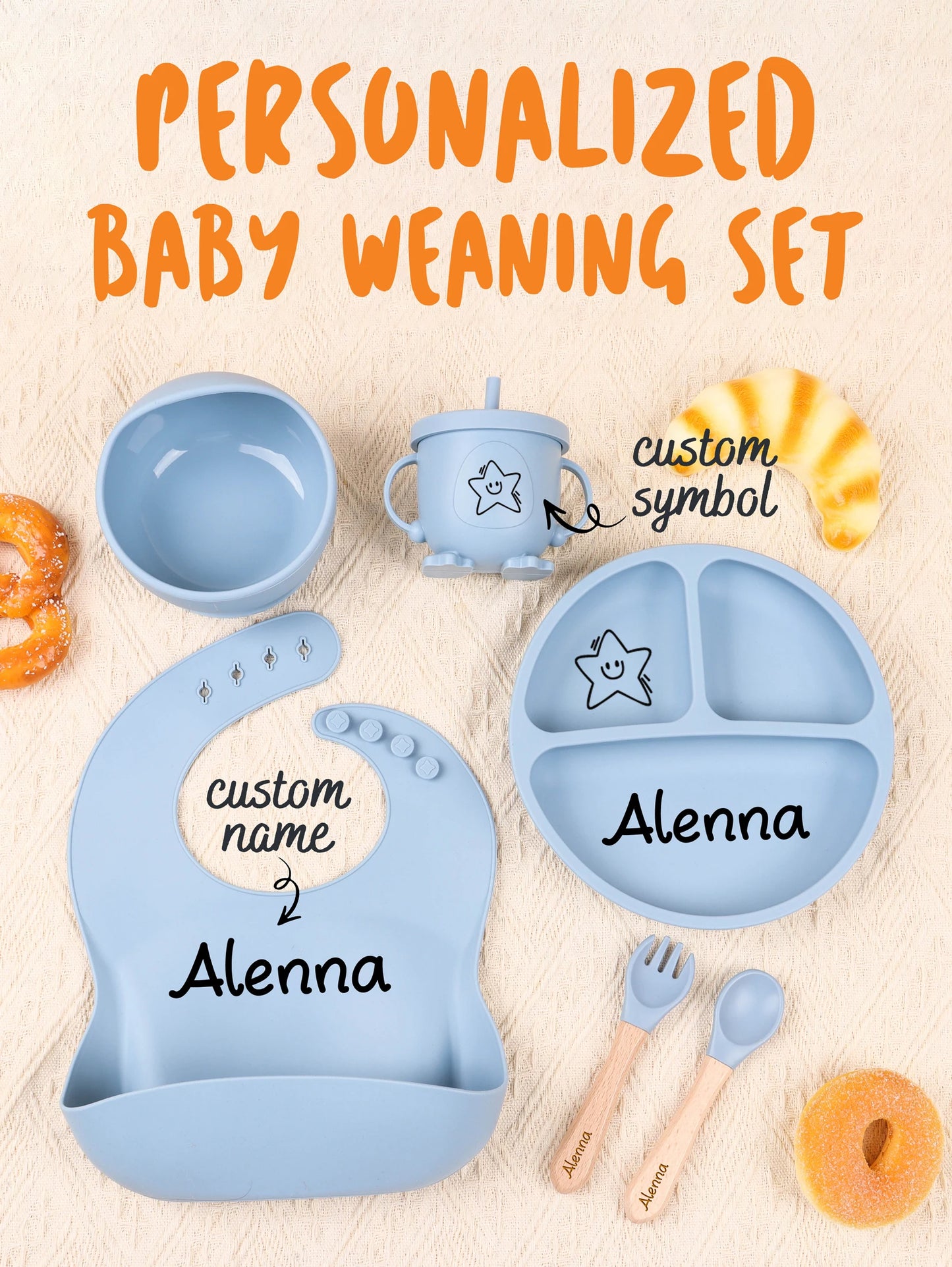 6pcs Custom Silicone Weaning Set - Baby Feeding Set With Name, Cartoon Weaning Set for Toddler Baby Kids, Feeding Set, Baby Show