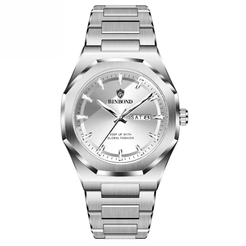 1 piece Men's Silver Metal Strap Watch Octagonal Case Date Week Display Casual Business Fashion Wristwatch For Daily Wea